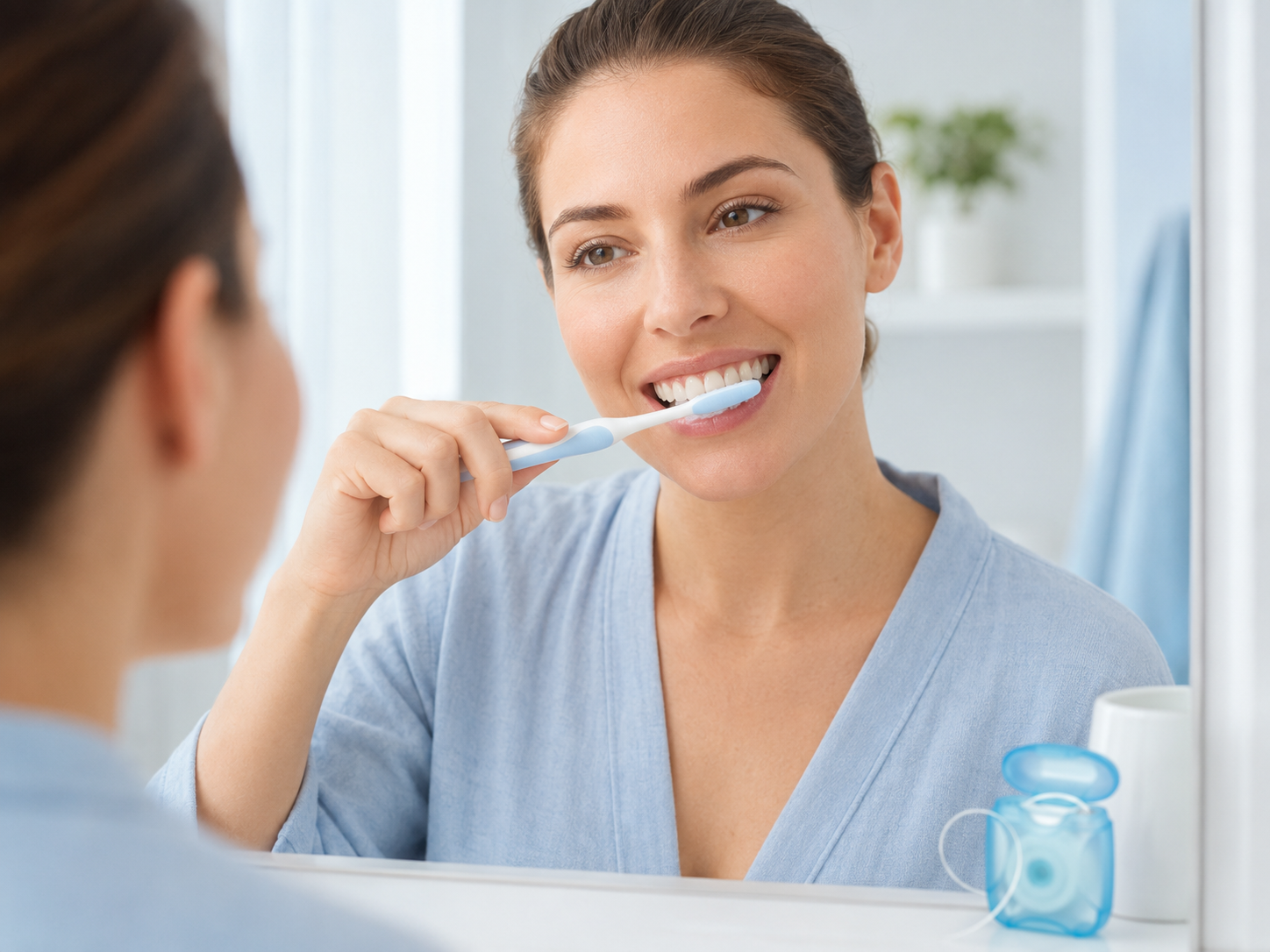 Adult brushing her teeth as the first clean and preparation step