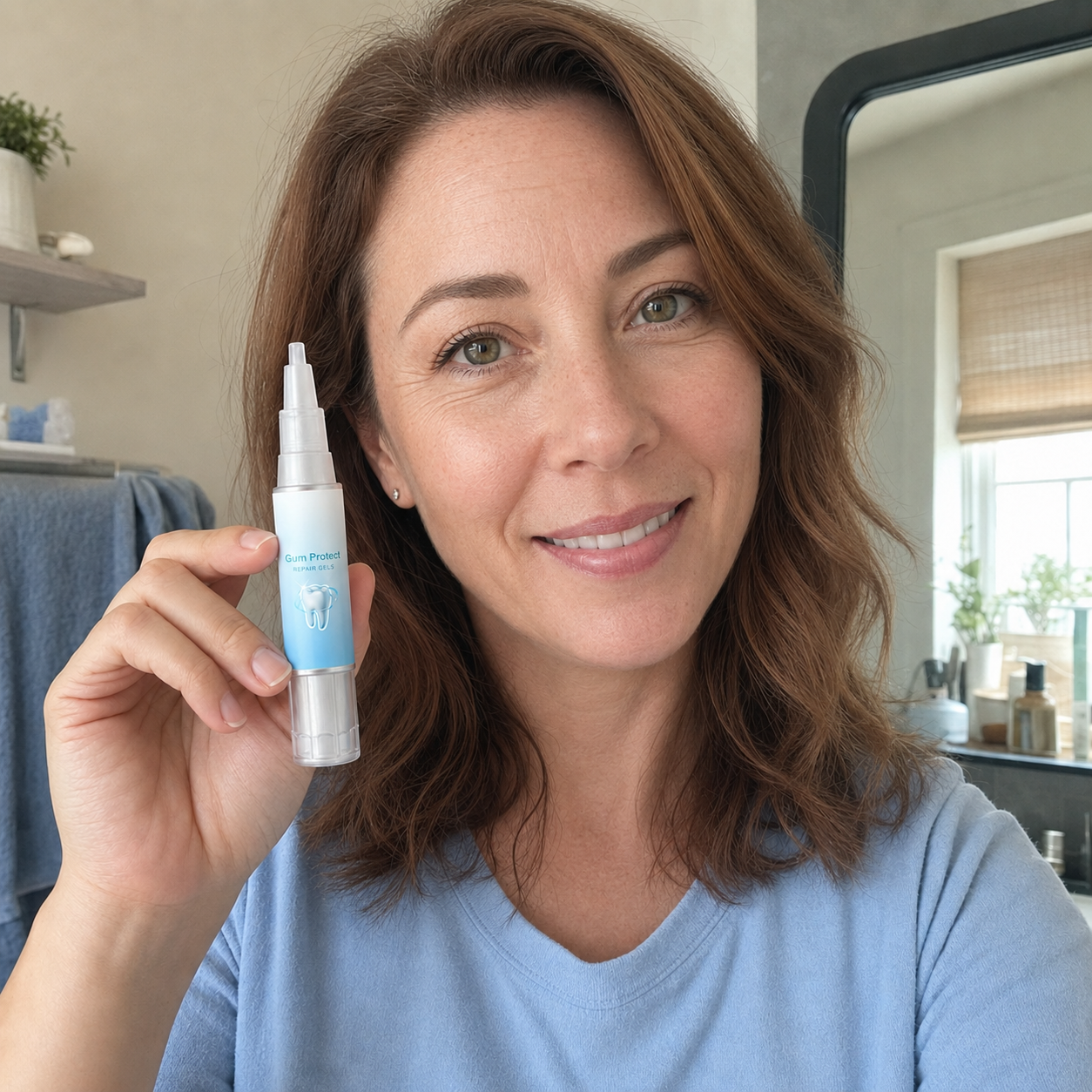 Western adult woman holding Gum Protect during her home bathroom routine