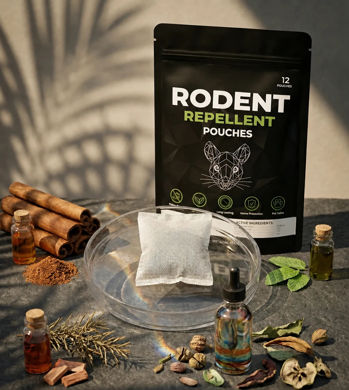 Rodent repellent pouch with aromatic ingredients