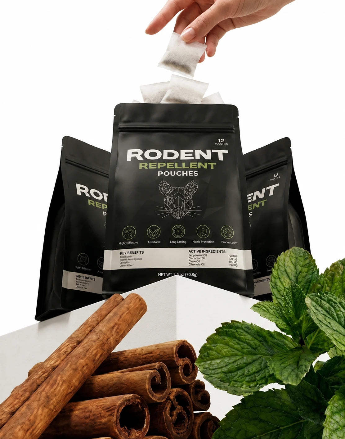 Rodent repellent pouches and individual sachet