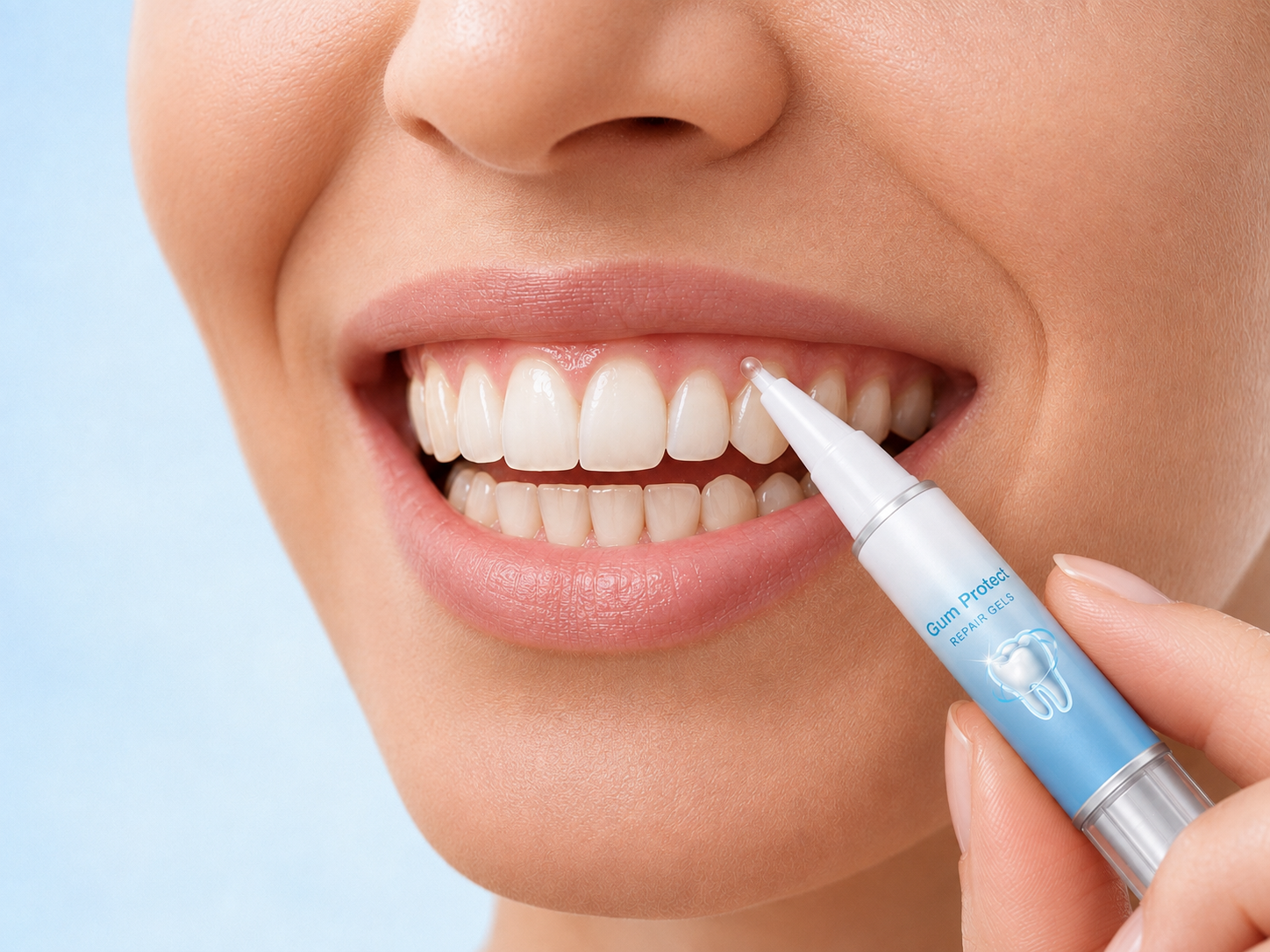 Gum Protect precision tip placing one small clear gel bead along the gumline