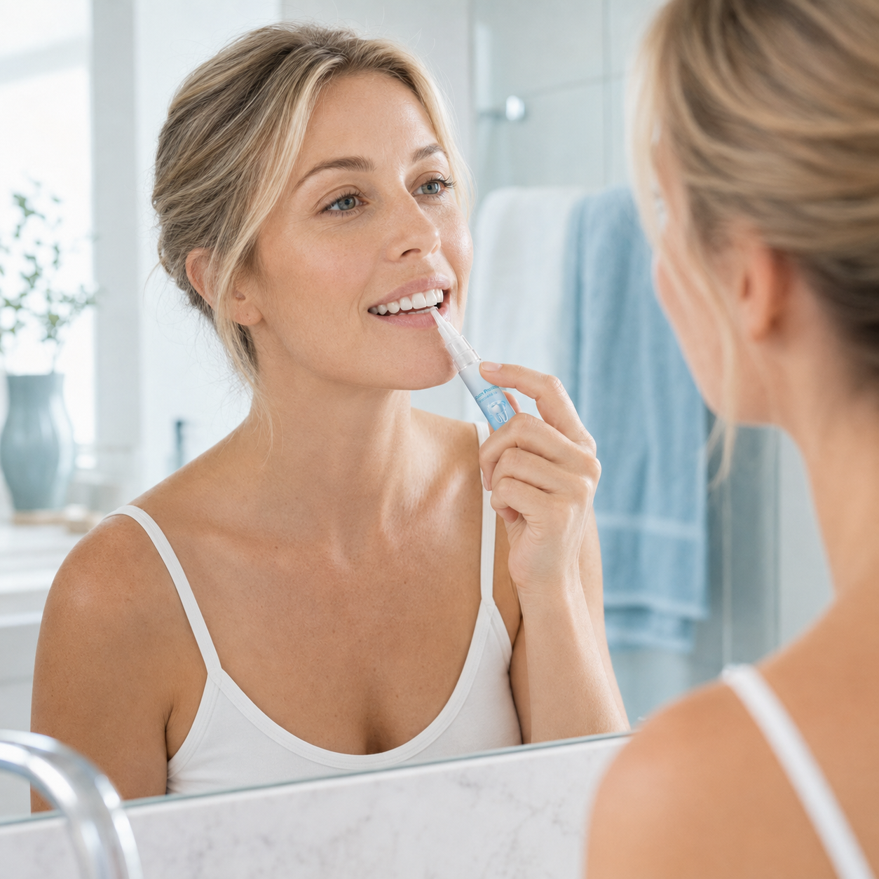 Blonde adult woman applying YUXOX Gum Protect at a bright bathroom mirror
